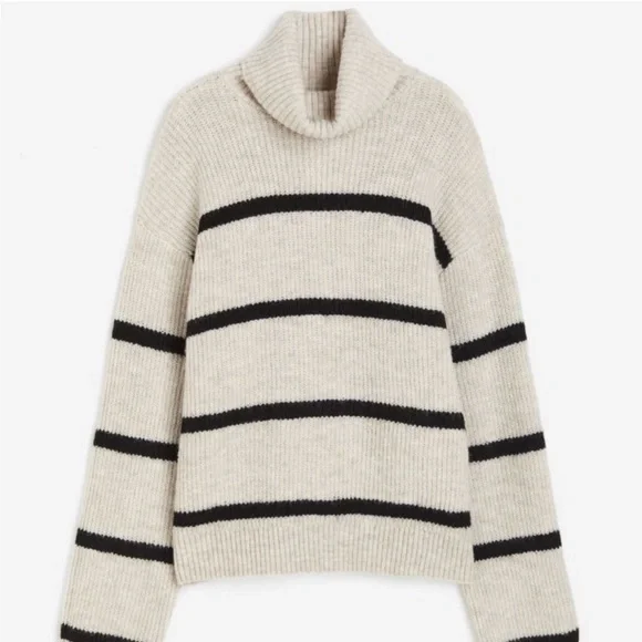 H&M cream grey oatmeal black striped turtleneck sweater size L - Picture 4 of 11